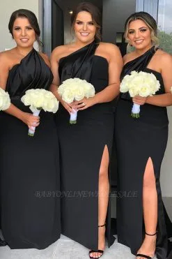Fit One-shoulder Split Black Bridesmaid Dress | Backless Fitted Formal Prom Dresses