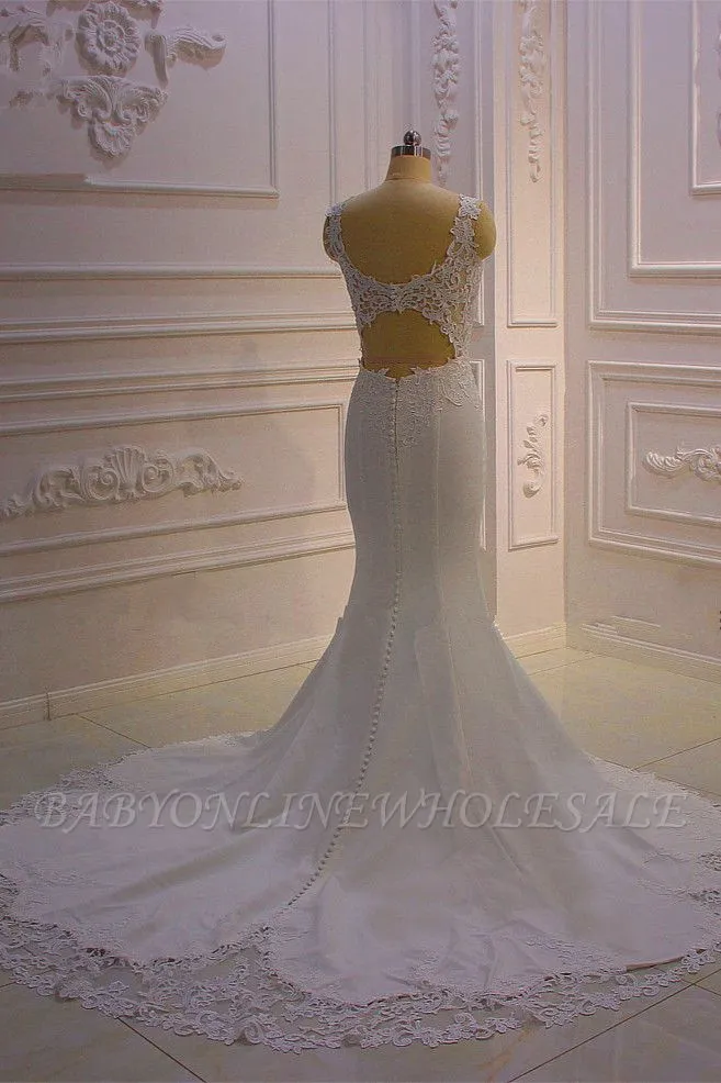 Elegant Sleeveless Lace V-neck Column White Court Train Wedding Dress - Image 2