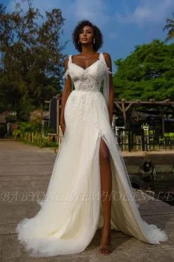 V-neck White High Split Tulle Summer Wedding Dress