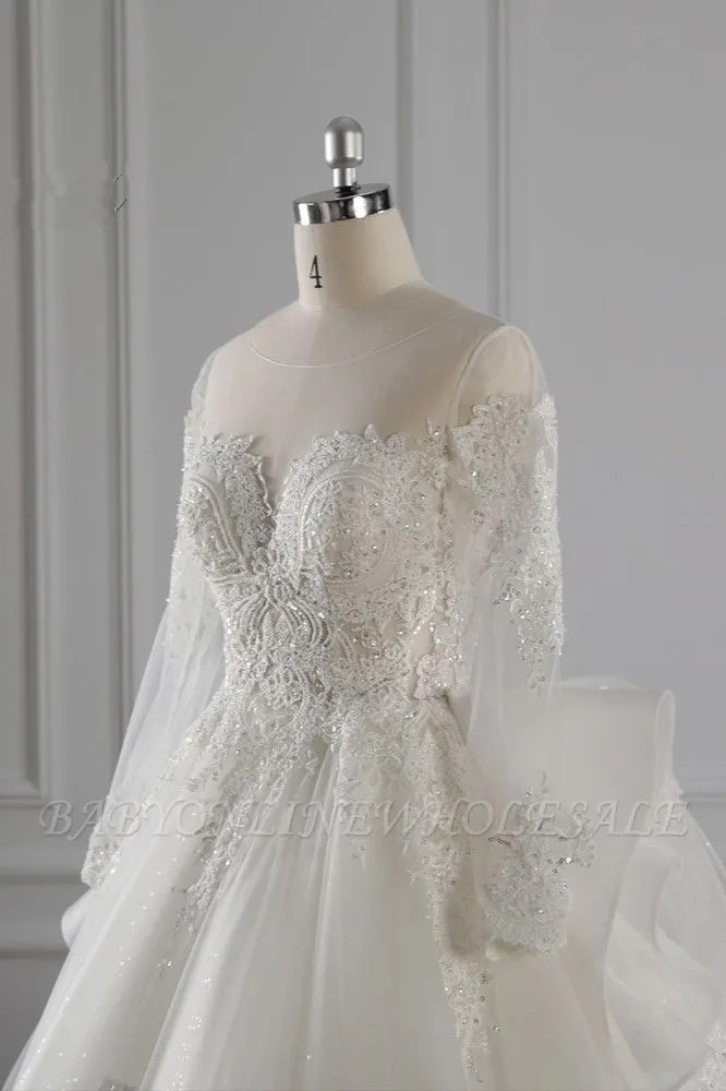 Charming Long Sleeves Floor Length Jewel Tulle Wedding Dress With Ruffles - Image 6