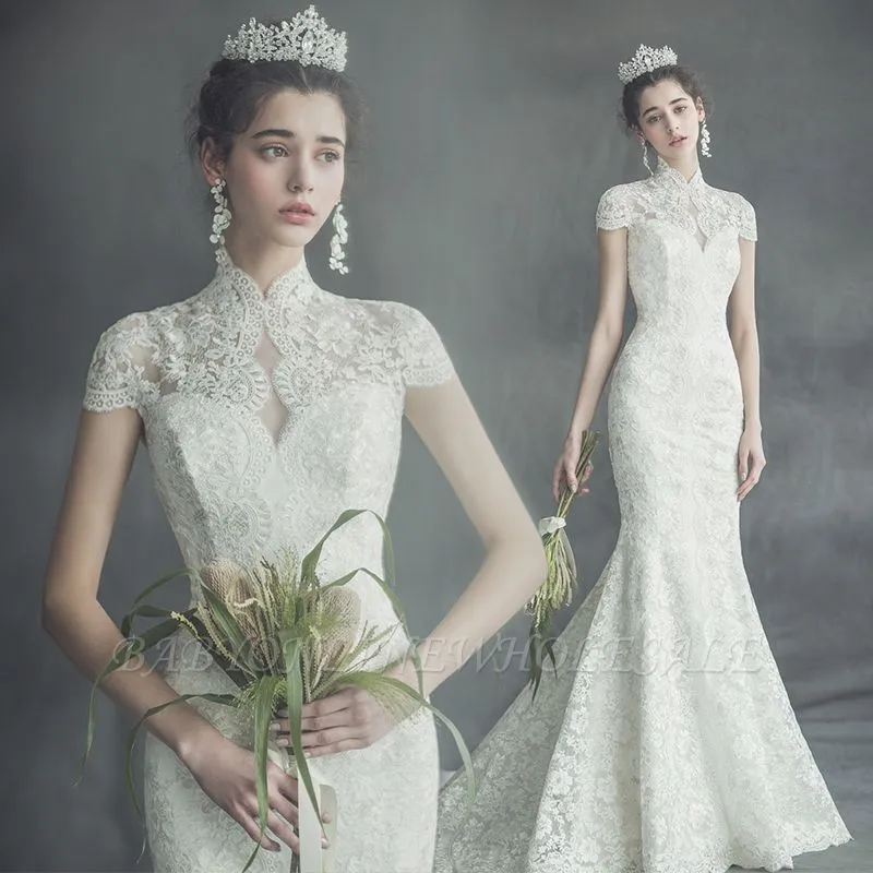 Collar Short Sleeve Mermaid Wedding Dress Slim Floral Lace Bridal Gown - Image 2