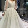 Gorgeous White Bubble Sleeves Lace Bridal Gown Floor Length Princess Wedding Dress