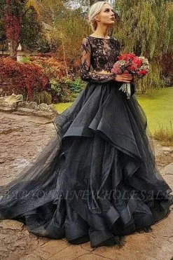 Long Sleeves Gothic Fairytale Tulle Lace Puffy Wedding Dress