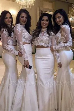 High-Neck Lace Two-Piece Mermaid Long-Sleeve Bridesmaid Dress