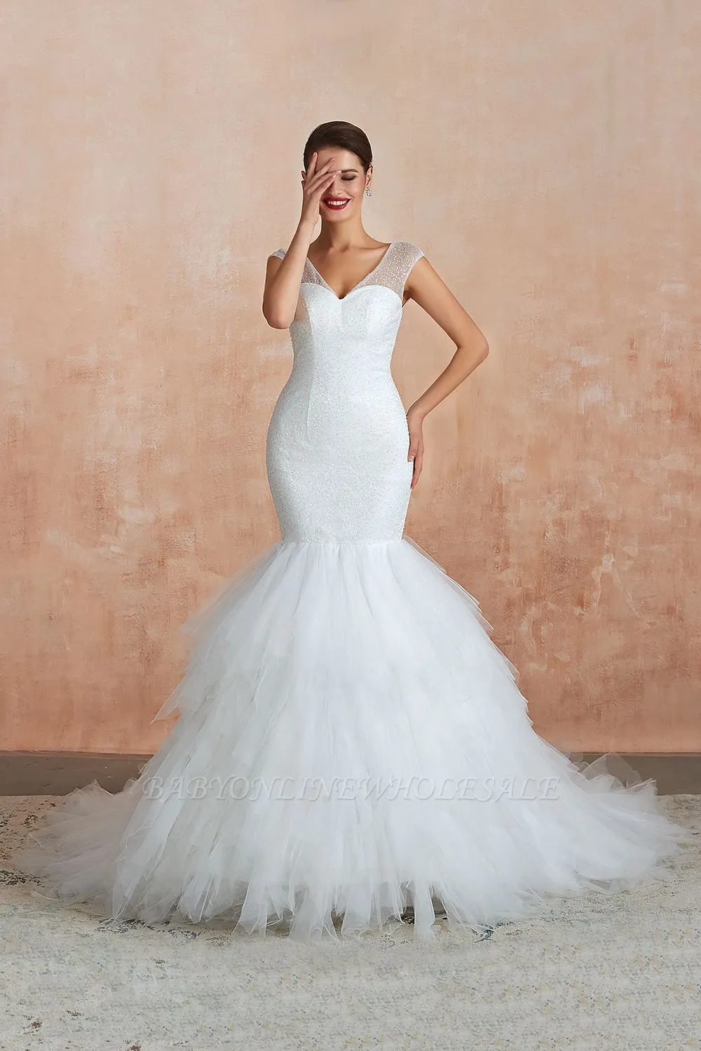 Catherine | Luxury V-neck Cap Sleeve Beach Low Back Lace Up White Close Fitting Bridal Gowns With Sequins - Image 2