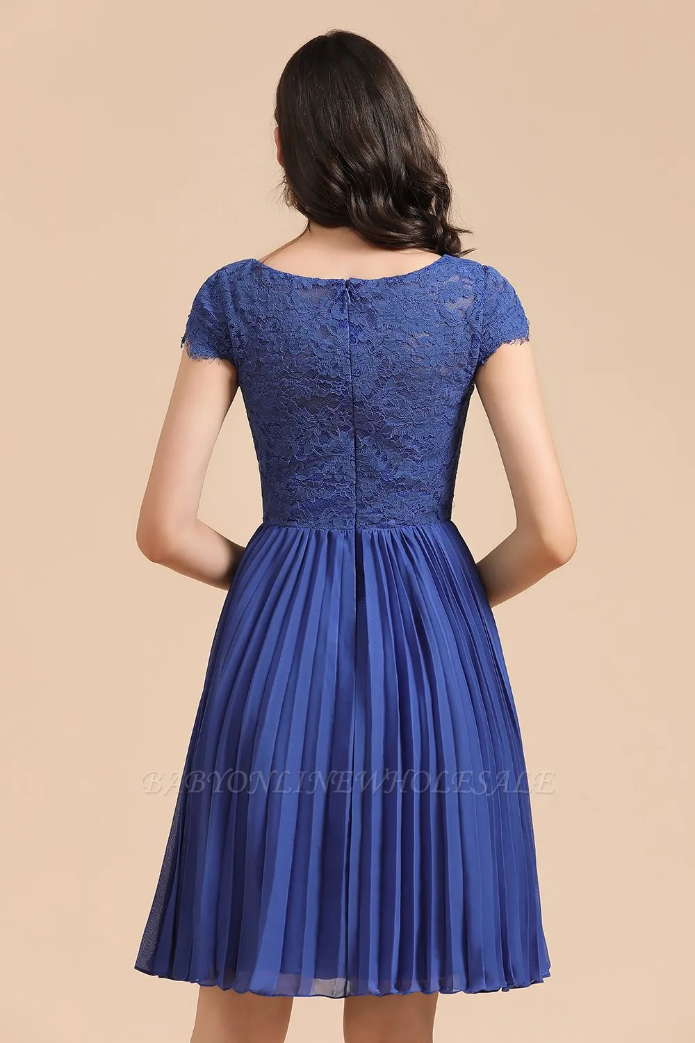 Stylish Floral Lace Appliques Mini Dress Royal Blue Short Sleeves Knee Length Daily Casual Dress - Image 2