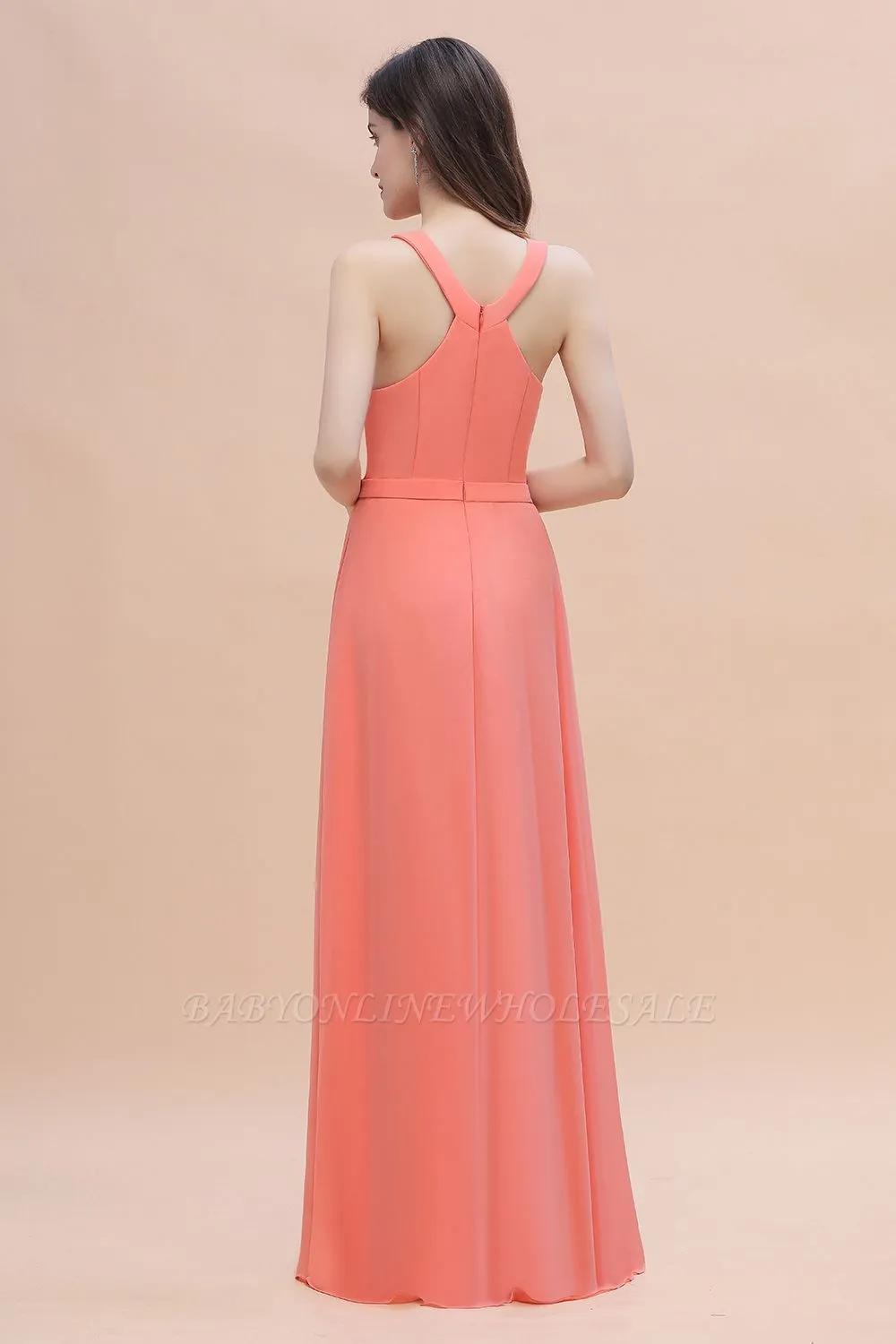 Halter Chiffon Floor Length Wedding Guest Dress Aline Bridesmaid Dress - Image 2