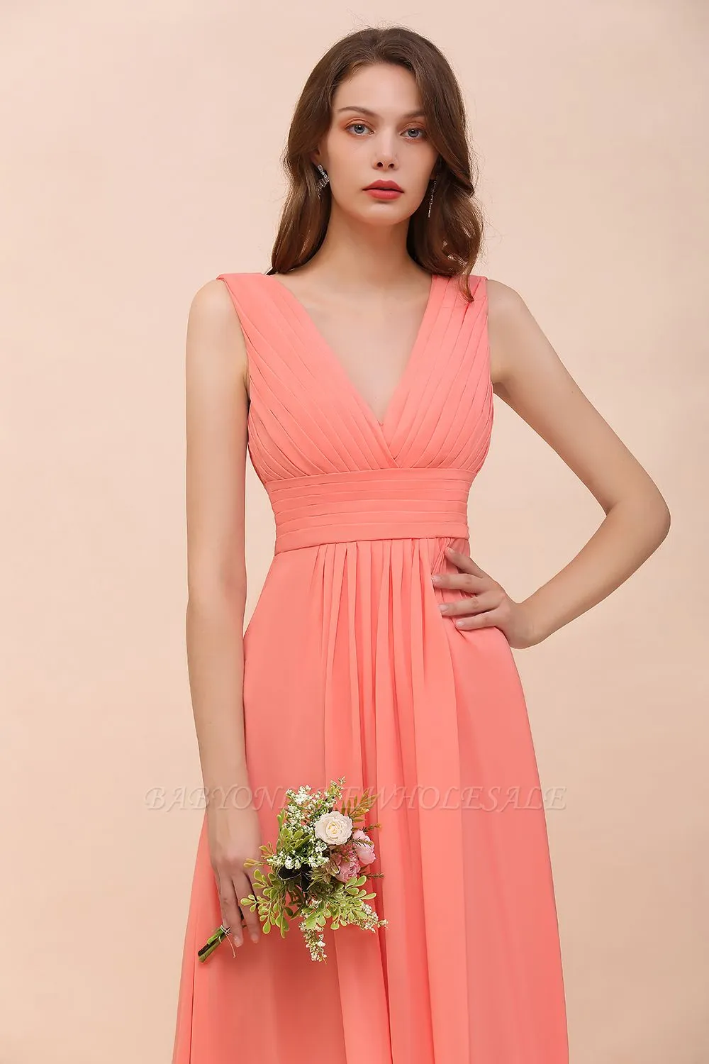 Coral V-Neck Aline Bridesmaid Dress Sleeveless Wedding Guest Dress - Image 5
