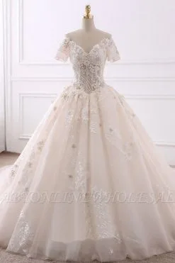 Vintage Ivory A-Line Spaghetti Strap Floor Length Sleeveless Tulle Wedding Dress With Appliques