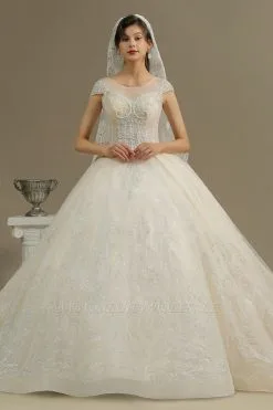 Cap Sleeve Aline Cathedral Wedding Dress Tulle Lace Appliques Garden Bridal Gown