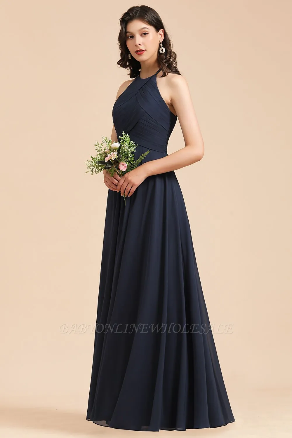 Halter Chiffon Long Evening Maxi Dress Sleeveless Pleated Wedding Guest Dress