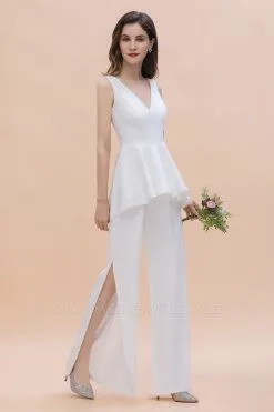 White V-Neck Jumpsuit Wedding With Side Slit