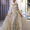 Trendy High Neck Mermaid Lace Ivory Wedding Dress With Overskirt