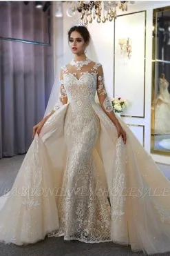 Trendy High Neck Mermaid Lace Ivory Wedding Dress With Overskirt