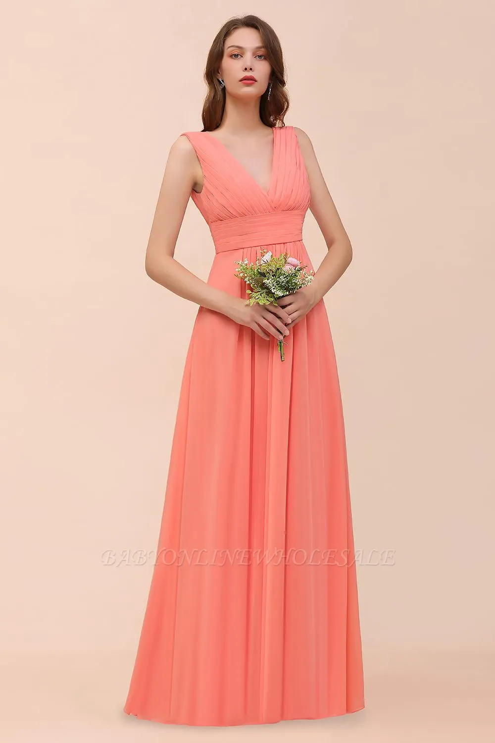 Coral V-Neck Aline Bridesmaid Dress Sleeveless Wedding Guest Dress - Image 6