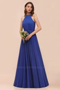 Royal Blue Halter Long Bridesmaid Dress Aline Chiffon Wedding Guest Dress