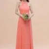 Halter Chiffon Floor Length Wedding Guest Dress Aline Bridesmaid Dress