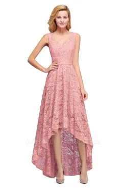 A-line Hi-lo V-neck Sleeveless Burgundy Lace Dresses