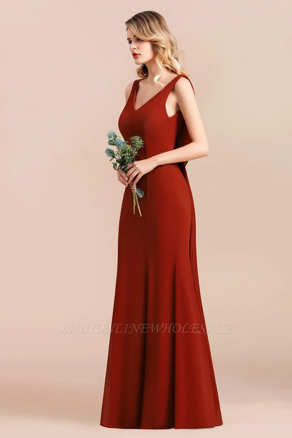 Burgundy V-Neck Aline Wedding Party Dress Sleeveless Bridesmaid Dress With Cape - Image 6