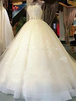 Sleeveless Ribbon Scoop Applique Tulle Ball Gown Cathedral Train Wedding Dresses
