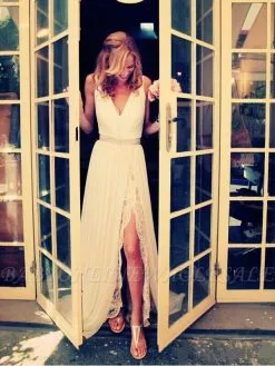 A-Line Sleeveless V-neck Sweep Train Chiffon Beading Wedding Dresses