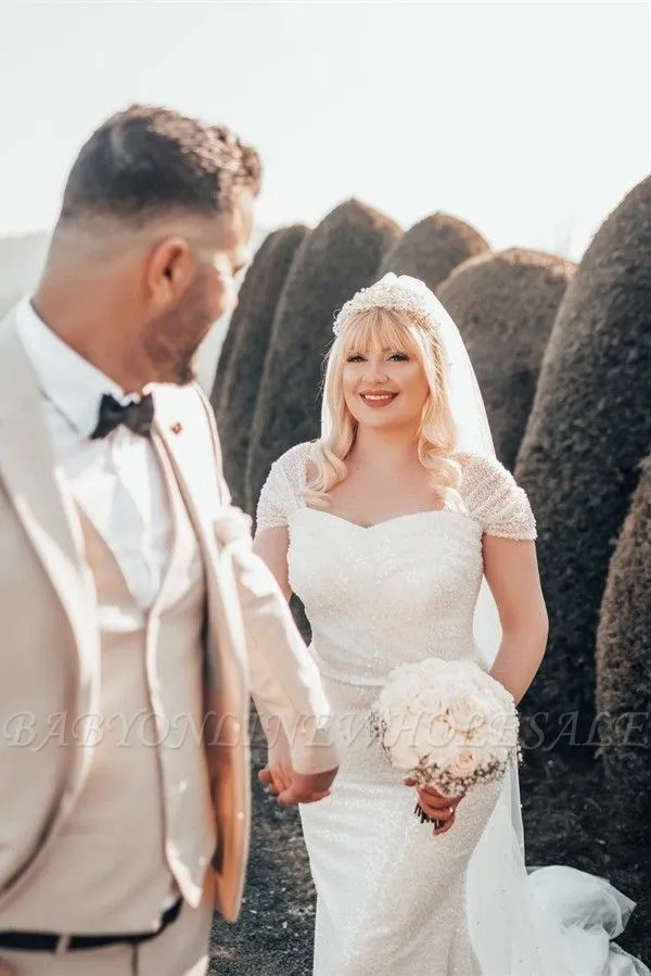 Exquisite Floor Length Sweetheart Portrait Mermaid Lace Satin Wedding Dress With Watteau Train - Image 3