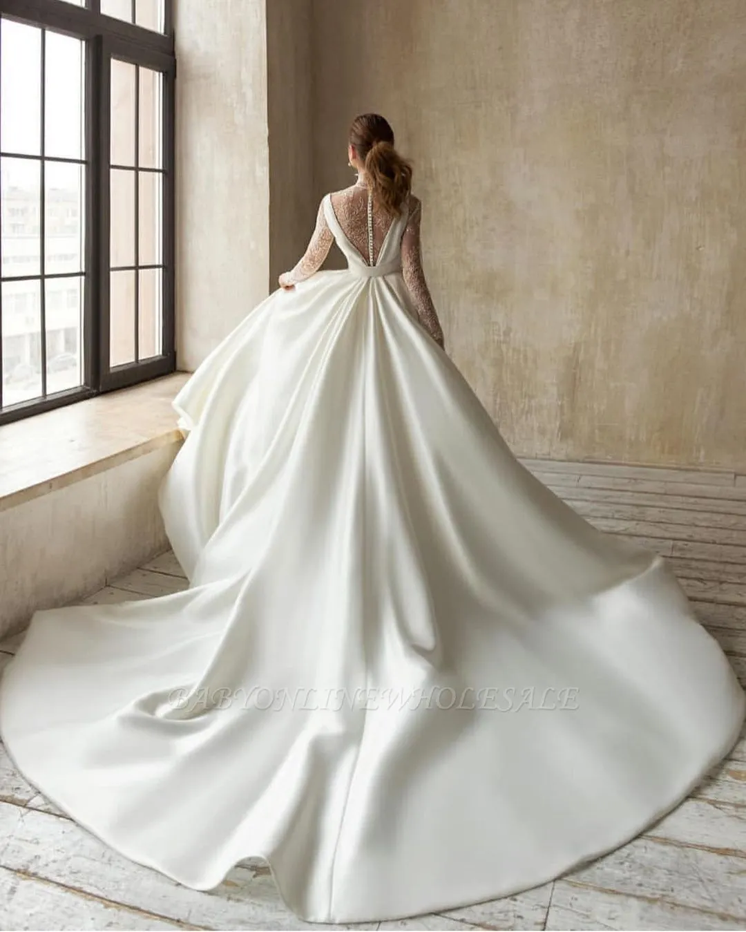 Elegant Deep V-Neck Satin Wedding Dress With Sweep Train Long Sleeves BowTie Aline Bridal Dress - Image 2