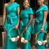 Elegant One-Shoulder Green Sweep Train Bridesmaid Dress With Belt Decoration | Green Long Length Gowns