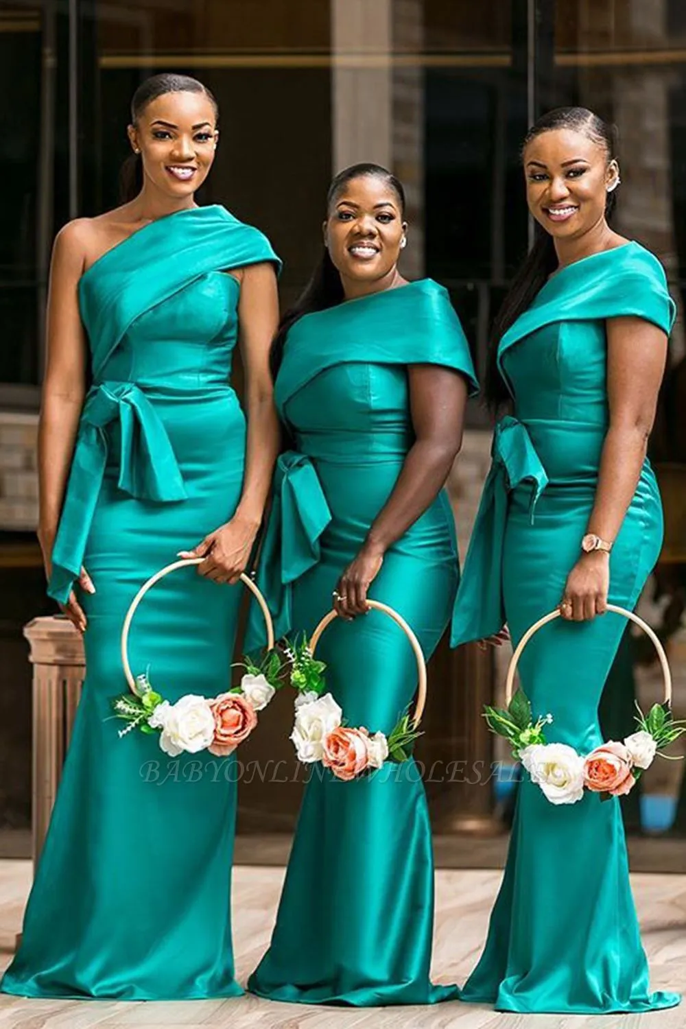 Elegant One-Shoulder Green Sweep Train Bridesmaid Dress With Belt Decoration | Green Long Length Gowns