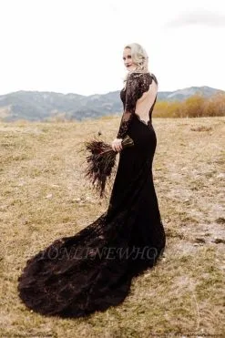 Black Long Sleeves Mermaid Wedding Gown Backless Lace Bridal Dress
