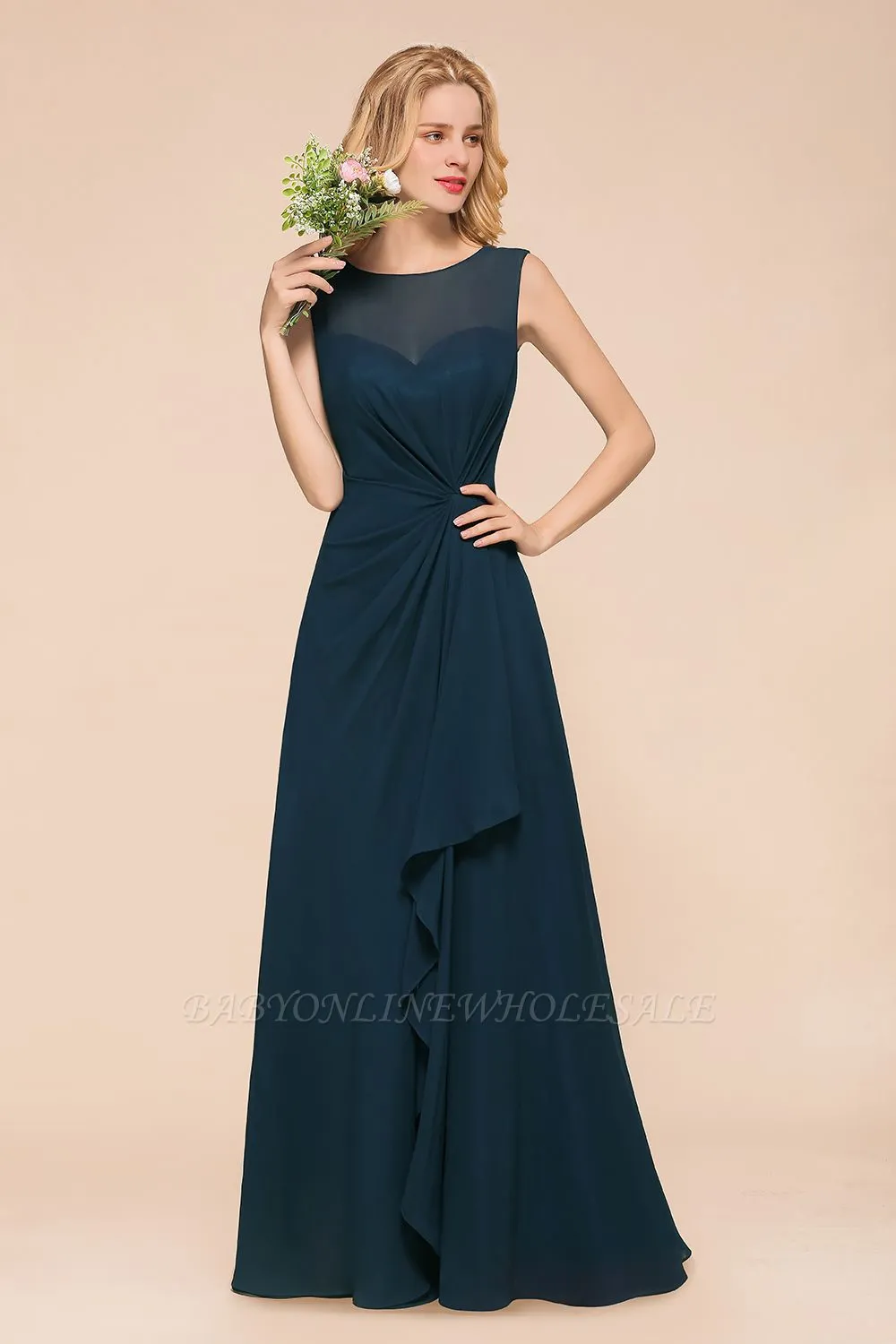 Jewel Neck Sleeveless A-line Bridesmaid Dress With Ruffle Chiffon - Image 6