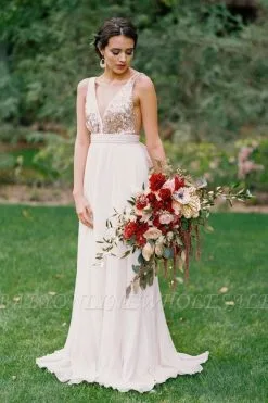 Plunging-Neck Sequined Open-Back Sleeveless Bowknot Long Summer Beach Wedding Dresses