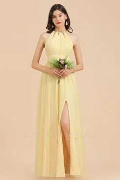 Halter Pleated Chiffon Daffodil Bridesmaid Dress Side Slit Long Wedding Party Dress