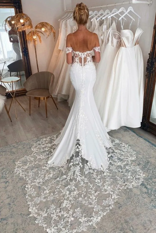 Elegant Floor Length Sweetheart Sleeveless Off-The-Shoulder Mermaid Lace Wedding Dress With Chapel Train - Image 2