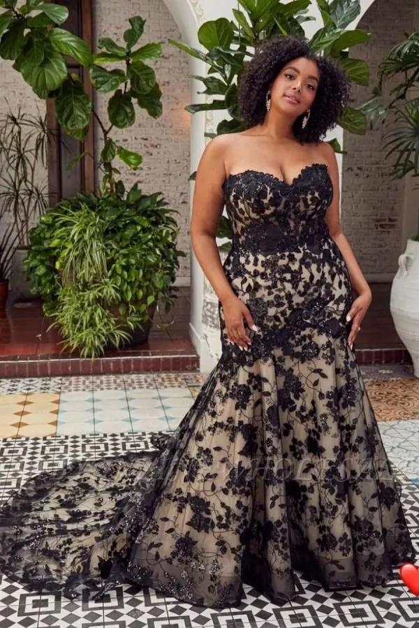 Sweetheart Backless Black Floral Pattern Mermaid Prom Dress
