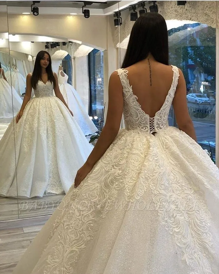 Delicate V-Neck Ball Gown Straps Flroal Bridal Gown - Image 4