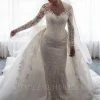 Gorgeous Mermaid Lace Wedding Dress With Sleeves | Bowknot Detachable Overskirt Bride Dress