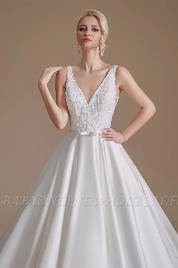 Aline Wedding Dress Sleeveless V-Neck Satin Bridal Dress With Floral Lace Pattern - Image 6