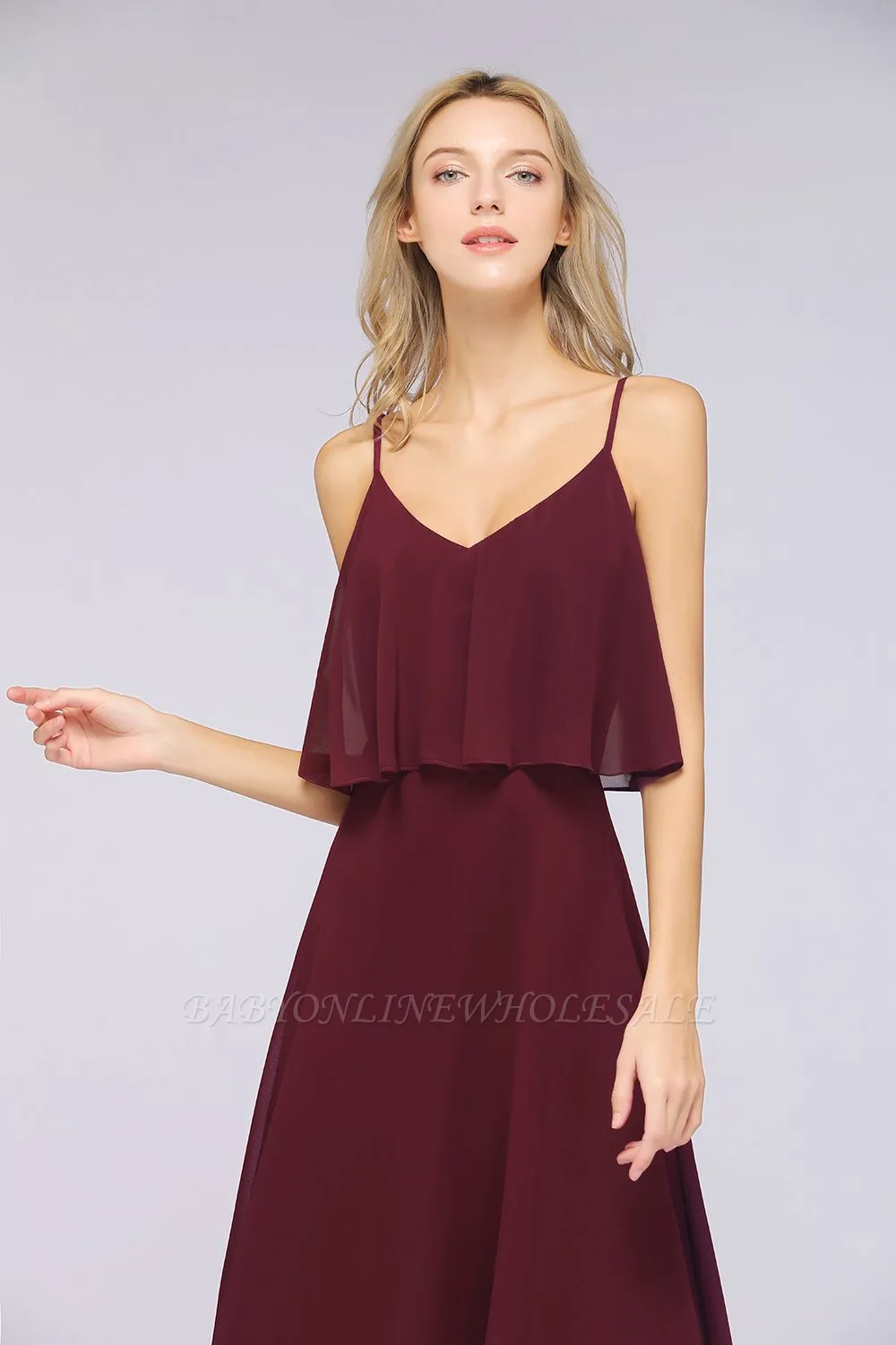 Sexy Chiffon Spaghetti-Straps V-Neck Floor-Length A-line Bridesmaid Dress - Image 5