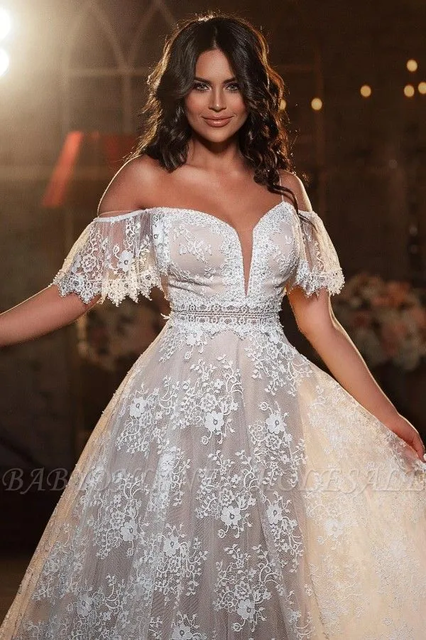 Off The Shoulder V-neck White Lace Wedding Dress - Image 2
