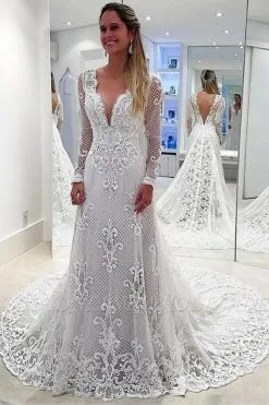Deep V-Neck Mermaid Wedding Dress Floral Lace Long Sleeves Long Dress For Bride