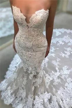 Backless Strapless Sexy Mermaid Wedding Dresses | Cathedral Train Lace Dresses For Weddings