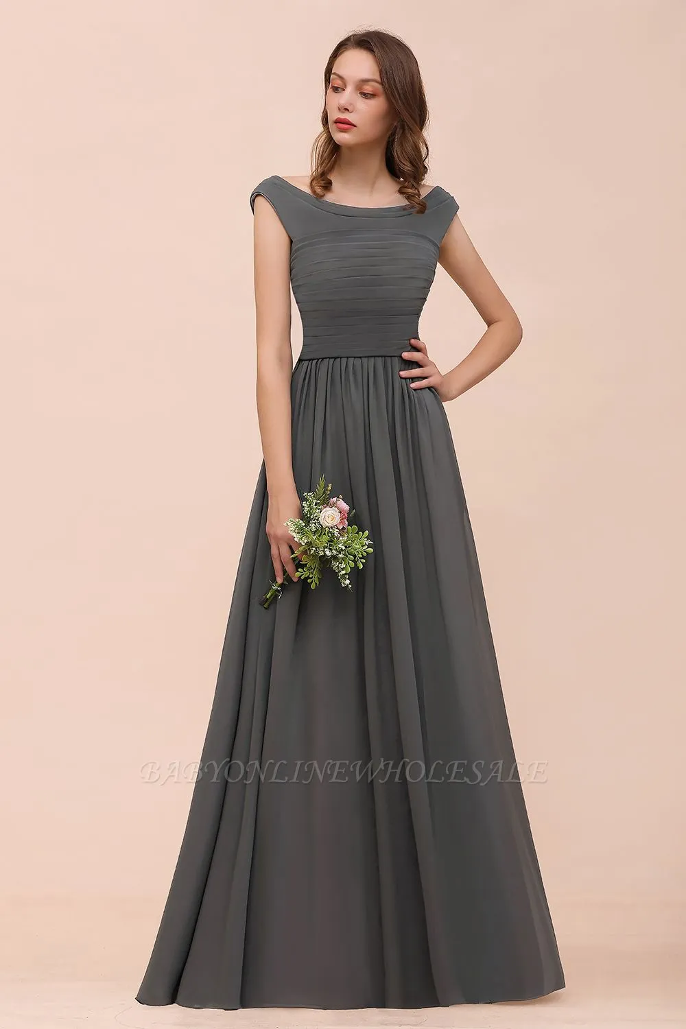 Grey Cap Sleeves 100D Chiffon Long Evening Dress With Side Slit - Image 5