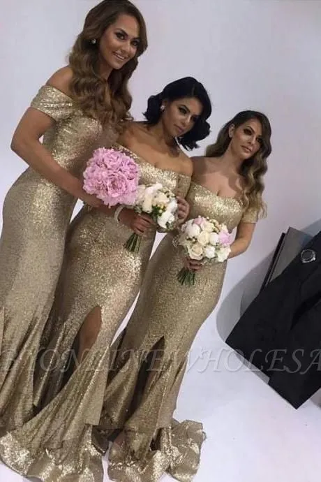 Gorgeous Short-Sleeve Off-the-Shoulder Mermaid Slit Ruffles Bridesmaid Dress - Image 2