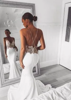 Sexy V-Neck Lace Spaghetti Strap Mermaid Wedding Dress Open Back Bridal Gown