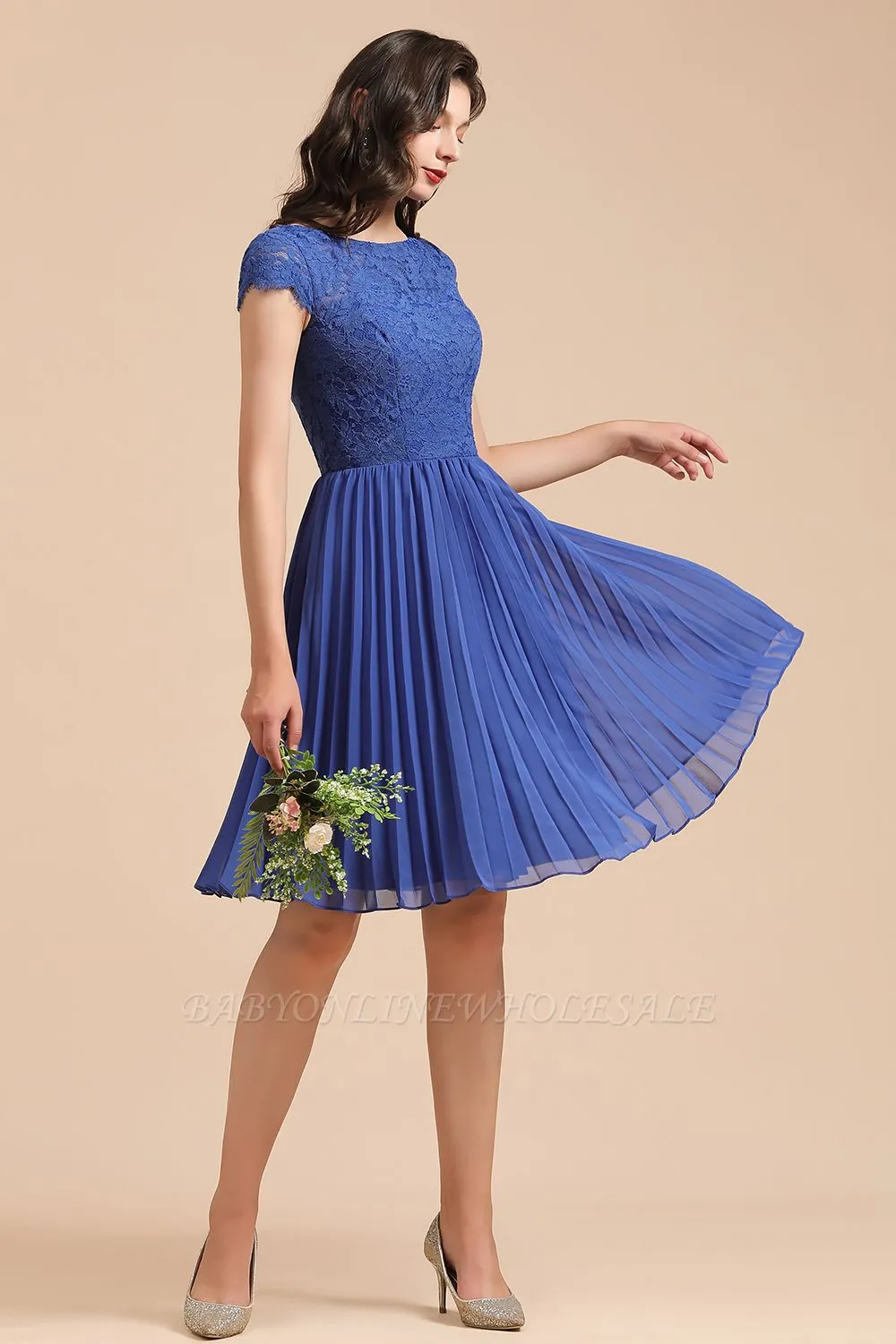 Stylish Floral Lace Appliques Mini Dress Royal Blue Short Sleeves Knee Length Daily Casual Dress - Image 6
