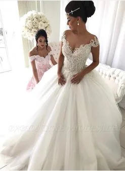 Beads Lace Royal Wedding Dresses | Princess Ball Gown Sheer Tulle Sexy Bridal Gowns