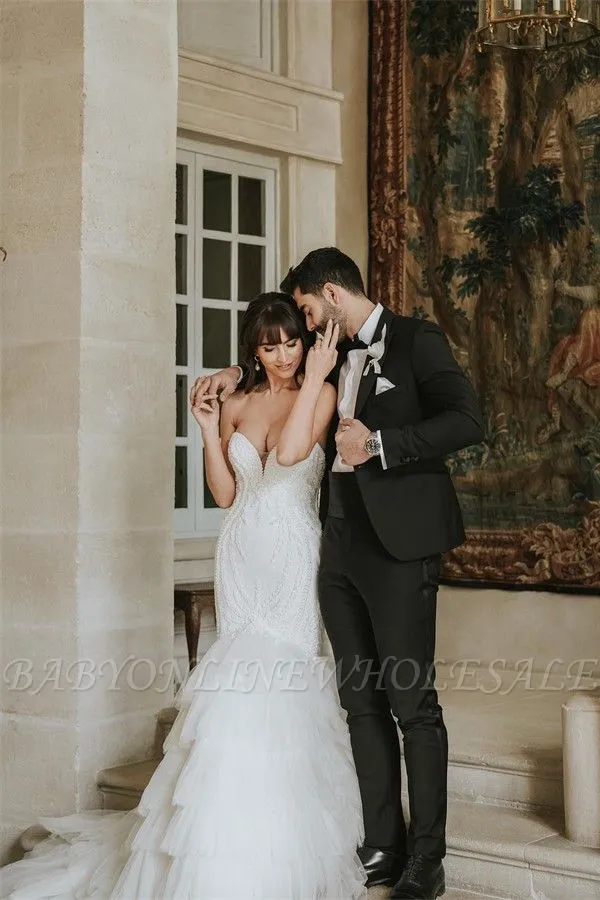 Elegant Tiered Floor Length Sweetheart Sleeveless Mermaid Tulle Wedding Dress With Cathedral Train - Image 3