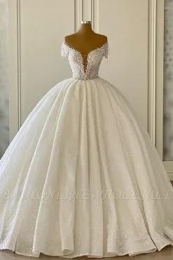 Luxury Ivory Ball Gown Off The Shoulder V-neck Wedding Dress