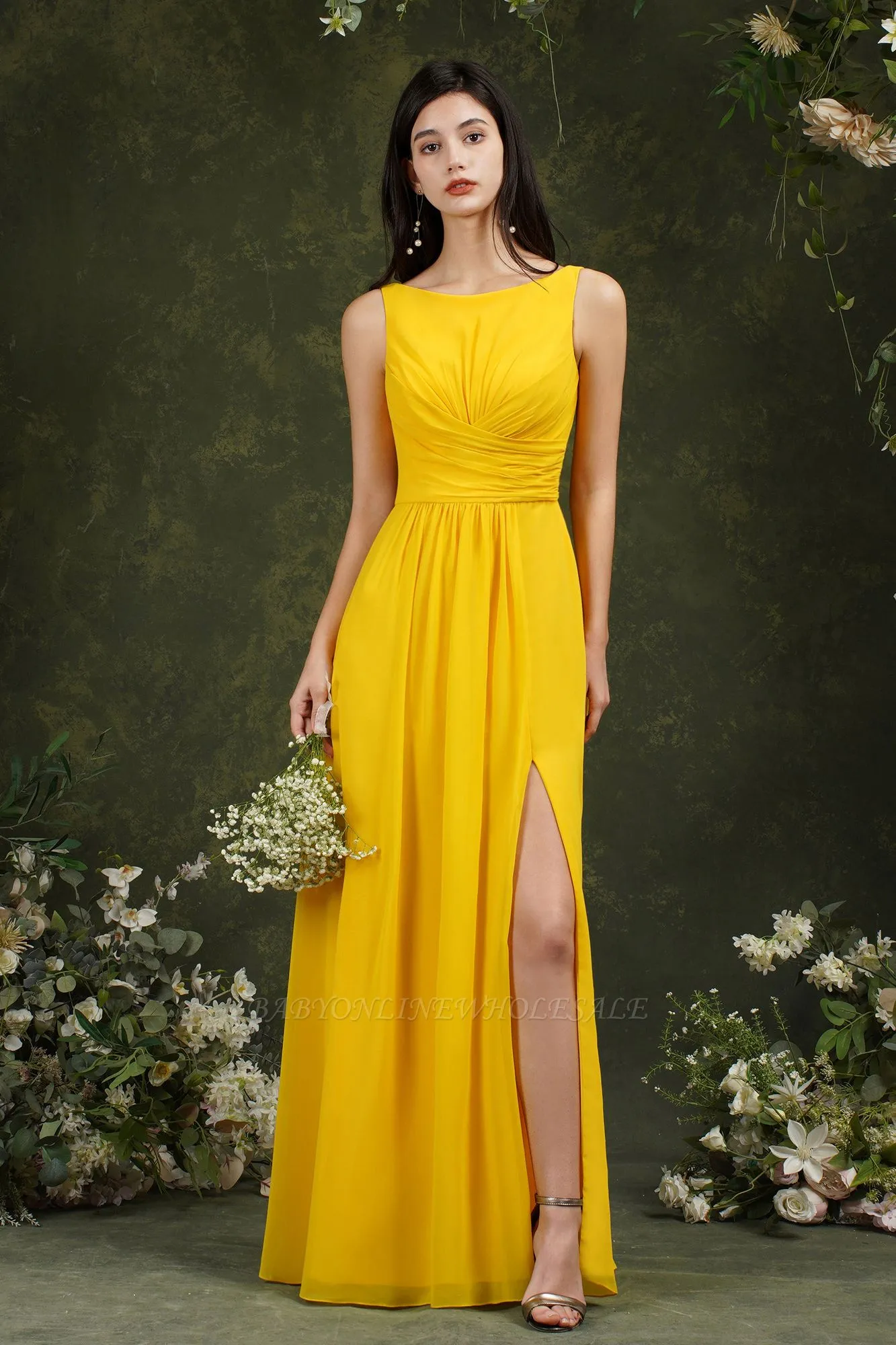 Bateau Ruffles Chiffon Floor-length A-Line Split Bridesmaid Dress With Pockets - Image 3
